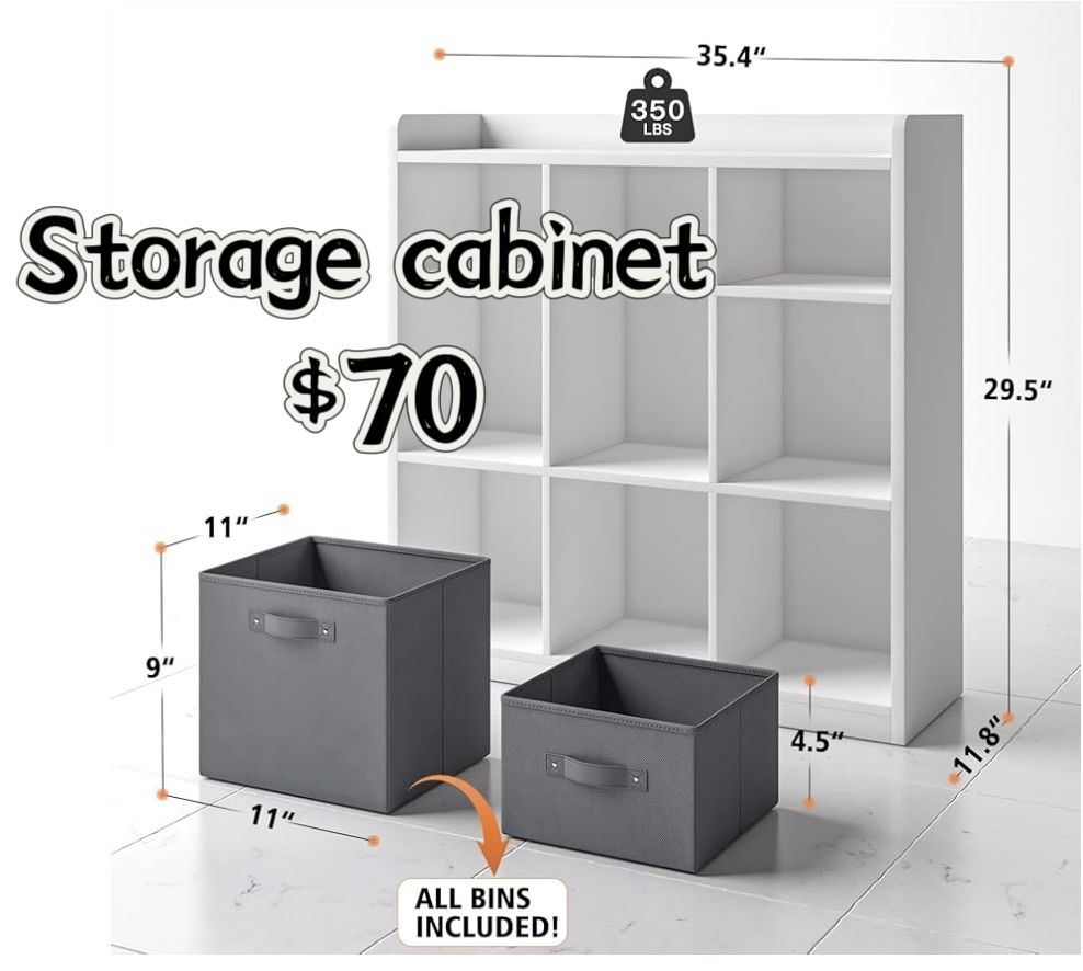 😀 11.8"Dx29.5"Wx35.4"H EnHomee Cube Storage Organizer with Storage Bins, Durable Wood and Fabric, 9 Cube Shelf for Clothes Cloest