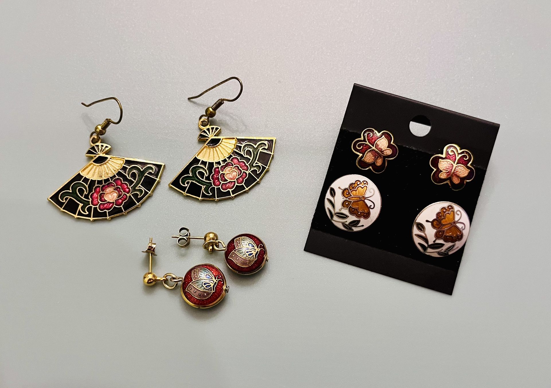 Cloisonne Earrings 4 Pair Fan Butterflies 