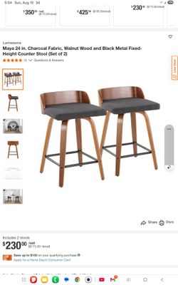 Set Of  24inch Walnut And Charcoal Grey Fabric Wood And Metal