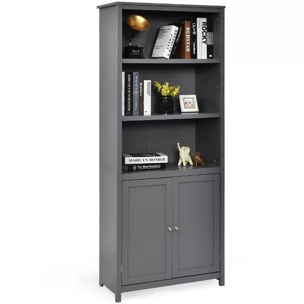 Costway Bookcase Shelving Storage Wooden Cabinet Unit Standing Bookcase W/Doors Gray