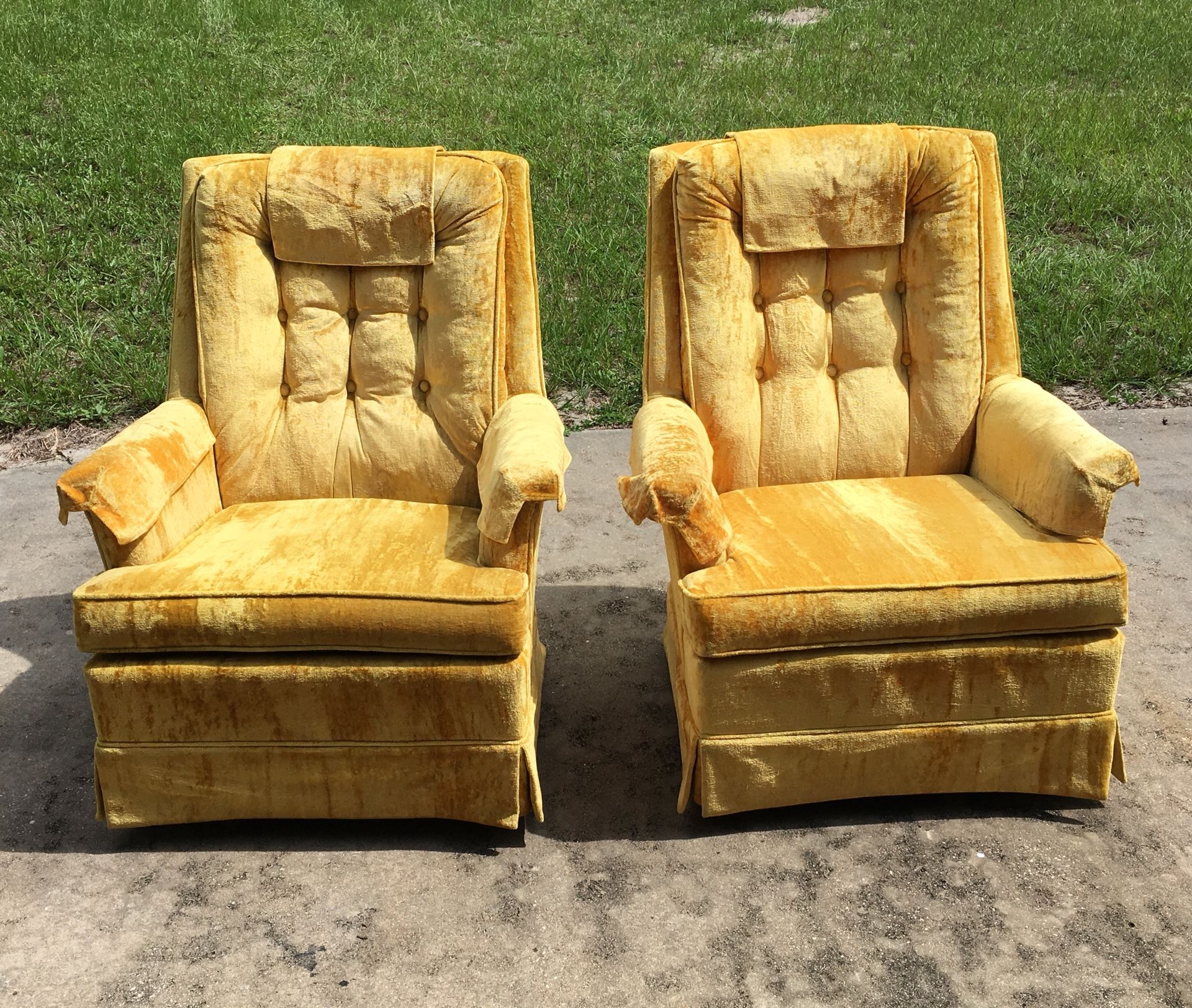 Vintage Mid Century 60s 70s Yellow Crushed Velvet Chairs