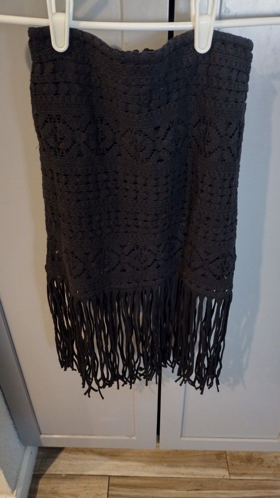 Shyanne Black Fringe Crocheted Lined Midi Skirt Size XS