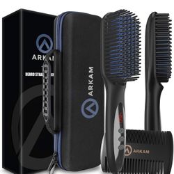 Arkam Beard Straightener for Men -Premium Heated Beard Brush Kit w/Anti-Scald Feature, Dual Action Hair Comb and Hard Shell Travel Case for Medium to