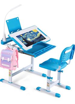 Kids Adjustable Desk and Chair Set with LED Lamp