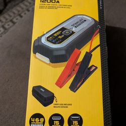 Stanley 1200A, Lithium Jump Starter with 15 Watt USB-A and USB-C Power, Includes clamps.