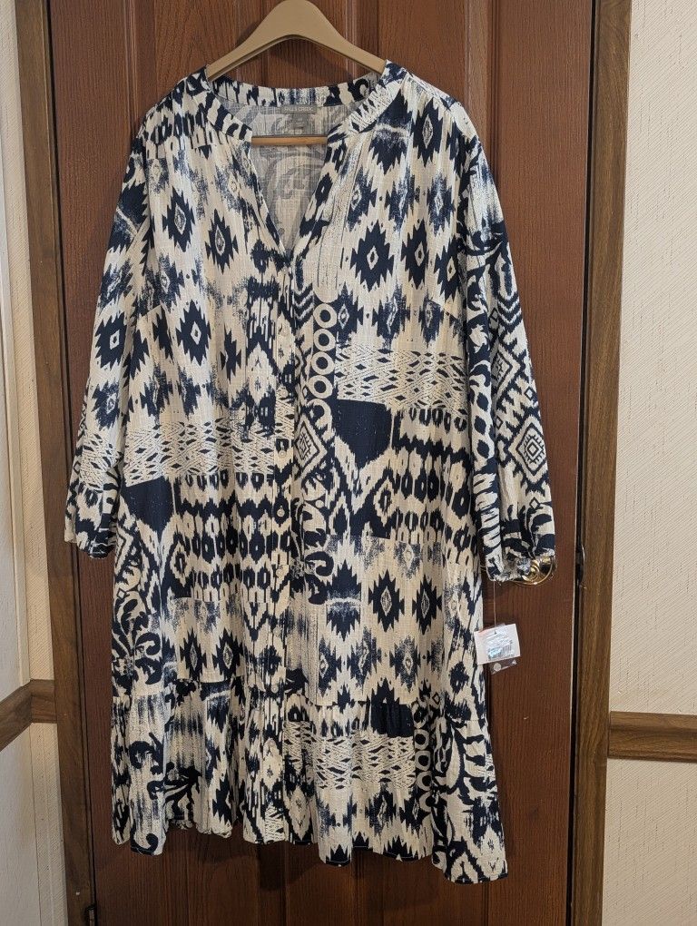 Falls Creek Navy And White Boho Tunic Dress, Size 3XL NWT PENDING SALE