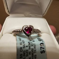 VALENTINES DAY STERLING SILVER RED HEART RING SIZE 8 TAGS STILL ATTACHED