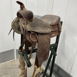 Western Saddle 16” Seat Vintage Tooled Leather Brown w/ Stirrups & Cinch