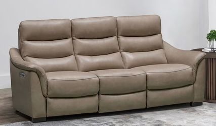 Taupe Leather Power Recliner Sofa