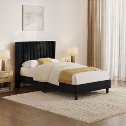 Twin Upholstered Bed Frame with Wing Side, No Box Spring Needed, Black