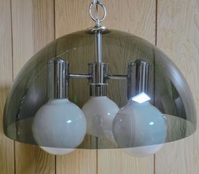 Mid Century Modern Vintage Space Age Smokey Lucite Dome & Chrome 3 Globe Swag Lamp Dining Fixture