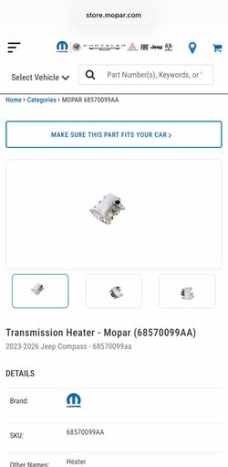 Transmission Heater - Mopar ((contact info removed)9AA) 2023-2026 Jeep Compass