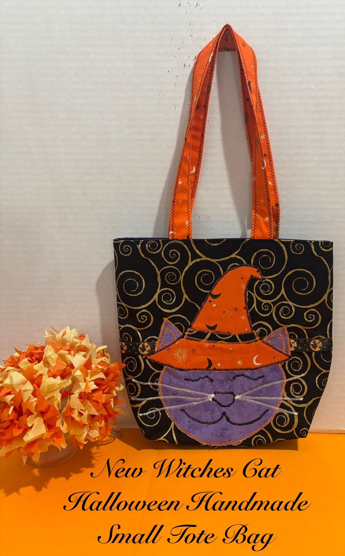 NEW WITCHES CAT QUILTED HANDMADE SMALL TOTE BAG