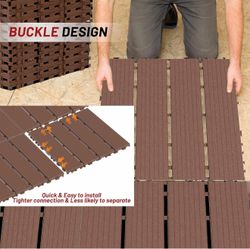 44 Pack Interlocking Deck Tiles, 12"x12"x0.8" Plastic Patio Flooring Outdoor Waterproof, All Weather Use for Balcony Porch Backyard Poolside（Brown,Tex