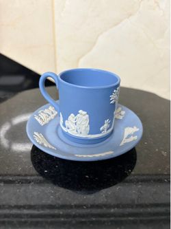Wedgwood blue white Jasperware  demitasse espresso cup and saucer set England