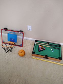 Mini pool table and basket ball hoop