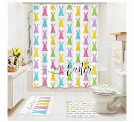 4 Pcs Easter Shower Curtain Set with Rug Cute Easter Bunny Bathroom Sets with Shower Curtain Bath Mat U Shaped Mat Toilet Lid Cover and 12 Hooks Rabbi