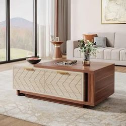 Extendable Coffee Table with 2 Storage Drawers Dual Tone Center Table with Sliding Tabletop Multi Functional Hidden Storage, Walnut and Oak