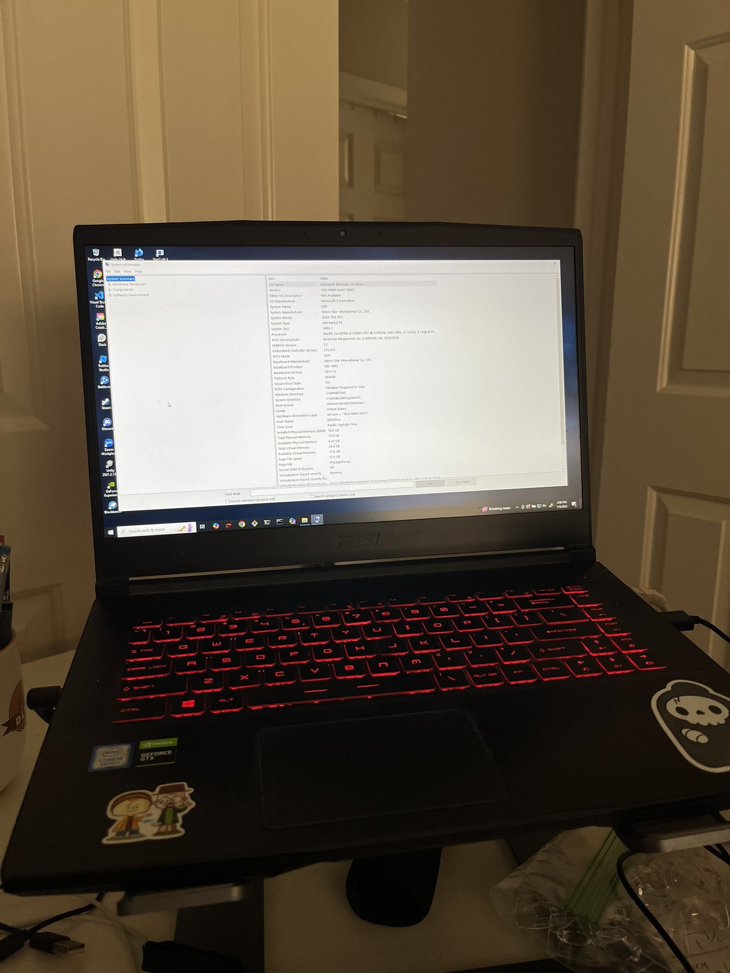 MSI Laptop Model GF63 Thin 9SC 15 Inch Screen