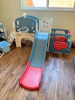 Kids Indoor Play Set with Slide and Basketball Hoop