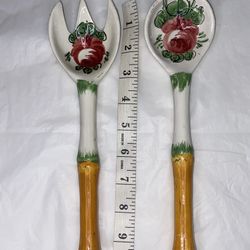 Vtg Hand Painted Pottery Serving Set Kitchen Decor Italy Fork Spoon damaged