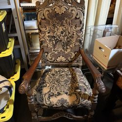 Antique Jacobean Revival Carved Wood Armchair – High Back Tapestry Upholstery