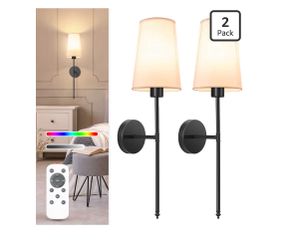 Black Battery Operated Wall Sconce Set of 2,Rechargeable Wall Lights with 10400mAh Dimmable Detachable Bulbs and Remote,9 Colors Wireless Sconces for 