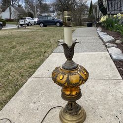 Vintage Amber Glass Table Lamp Hollywood Regency Style Brass Base. 