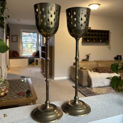 MCM Pierced Brass Goblets Tealight Candle Holders Set of 2