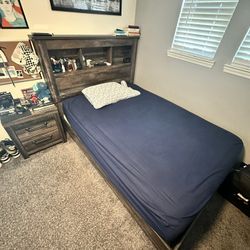 Used Dark Wood Bed Frame with Nightstand and Mattress for Sale