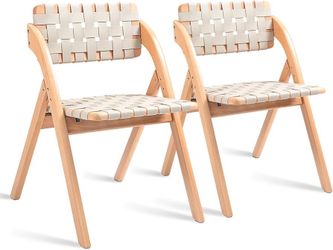 2566 $160 Set of 4 Folding Dining Chairs – Wooden Folding Chair with Woven Leather Backrest and Extra-Wide Seat (Ivory White) – Suitable for Guests,