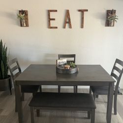 Grey Dining Table Three Chairs And A Bench 