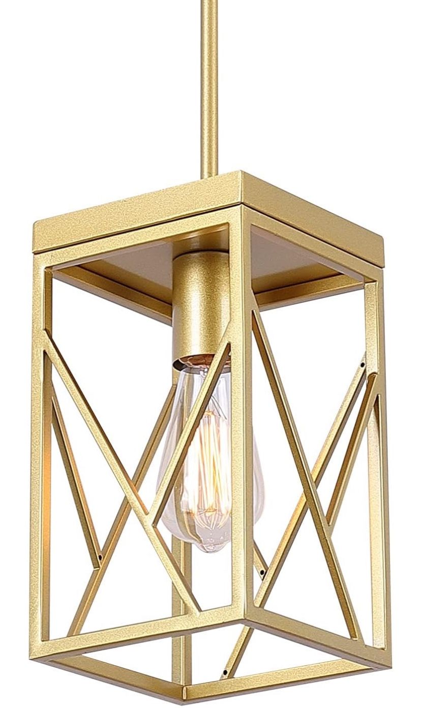 Fivess Lighting Modern Gold Pendant Light with Metal Cage, One-Light Adjustable Rods Mini Pendant Lighting Fixture for Kitchen Island Cafe Bar Farmhou