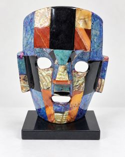 Decorative Mosaic Face Mask Sculpture on Stand