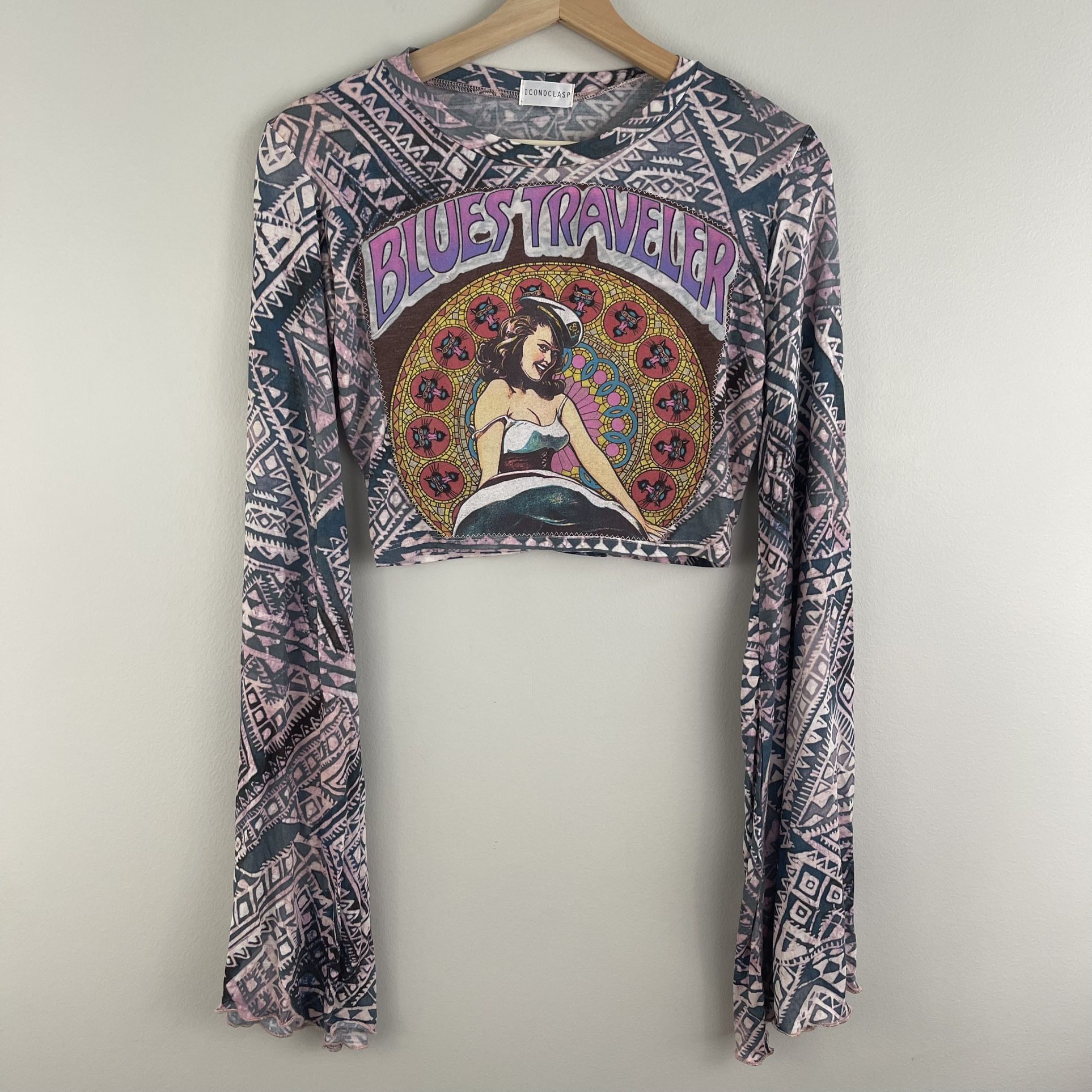 Custom Reworked Bohemian Bell Sleeve Blues Traveler Pin Up Girl Graphic Crop Top