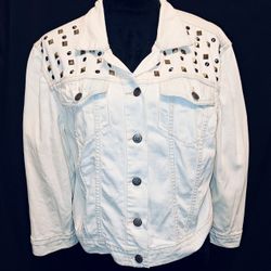 White Wash Denim Quarter Sleeve Studded Cropped Jeans Jacket Sz M