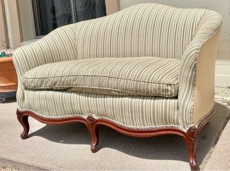 Vintage Antique French Louis XV Style Beige & Grey Striped Settee w/ Down Filled Seat