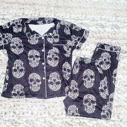 NEW Woman's Leopard Skull Print Casual Pajama Shirt & Pant Set