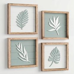 New: Tide and Tales 3D Sage Green Leaf Botanical Wall Art (Framed Set of 4)