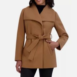 New - Tahari Womens Coat Wrap Faux Wool Water-Resistant Tie Belt (Tan, XL)