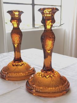 Candle Sticks Amber Glass