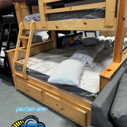 Twin Full Natural Bunk Bed With Mattresses Trundle New Cama Bonita Bone 