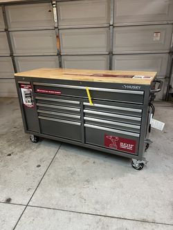 New Husky 61 in. W x 24 in. D Standard Duty 10-Drawer Mobile Workbench Tool Chest with Sliding Bin Storage Drawer in Silver