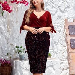 Women Plus Size Bodycon Pencil Midi Dress Stretchy Sequin Wrap V Neck Half Sleeve Velvet Party Dresses