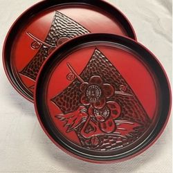 New but. Vintage, Firm, LACQUER WARE Nesting Trays, Round Black Red with Triangular Design Encompassing two Flowers, 2pc MELAMINE
