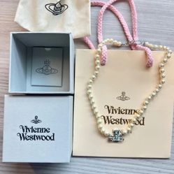 Vivienne Westwood White Blue Kitty Pearl Orb Safety Pin Chocker Necklace
