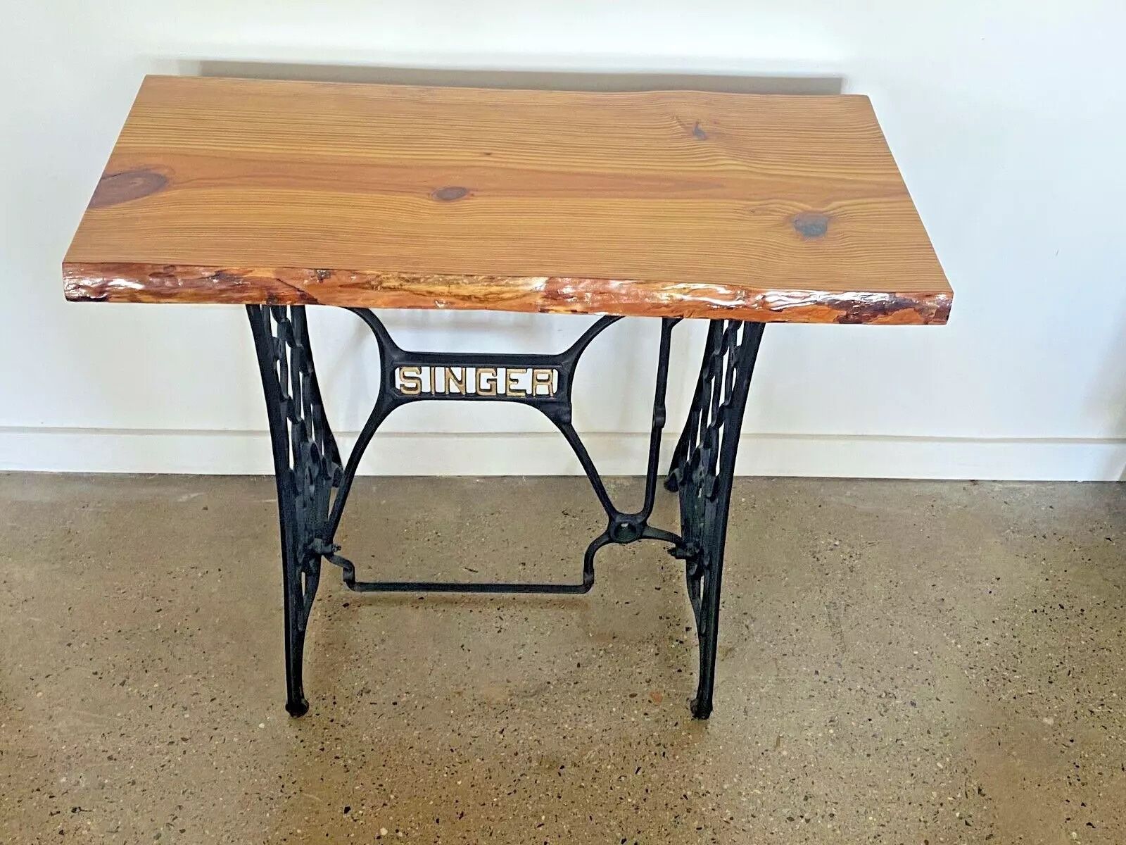 Live Edge Pine Table Top with Antique Singer Sewing Machine Base