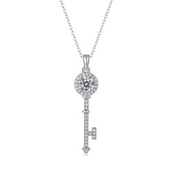 Fifty8 1ct DEW Moissanite Key Pendant Necklace, 925 Sterling Silver, Key to the Heart