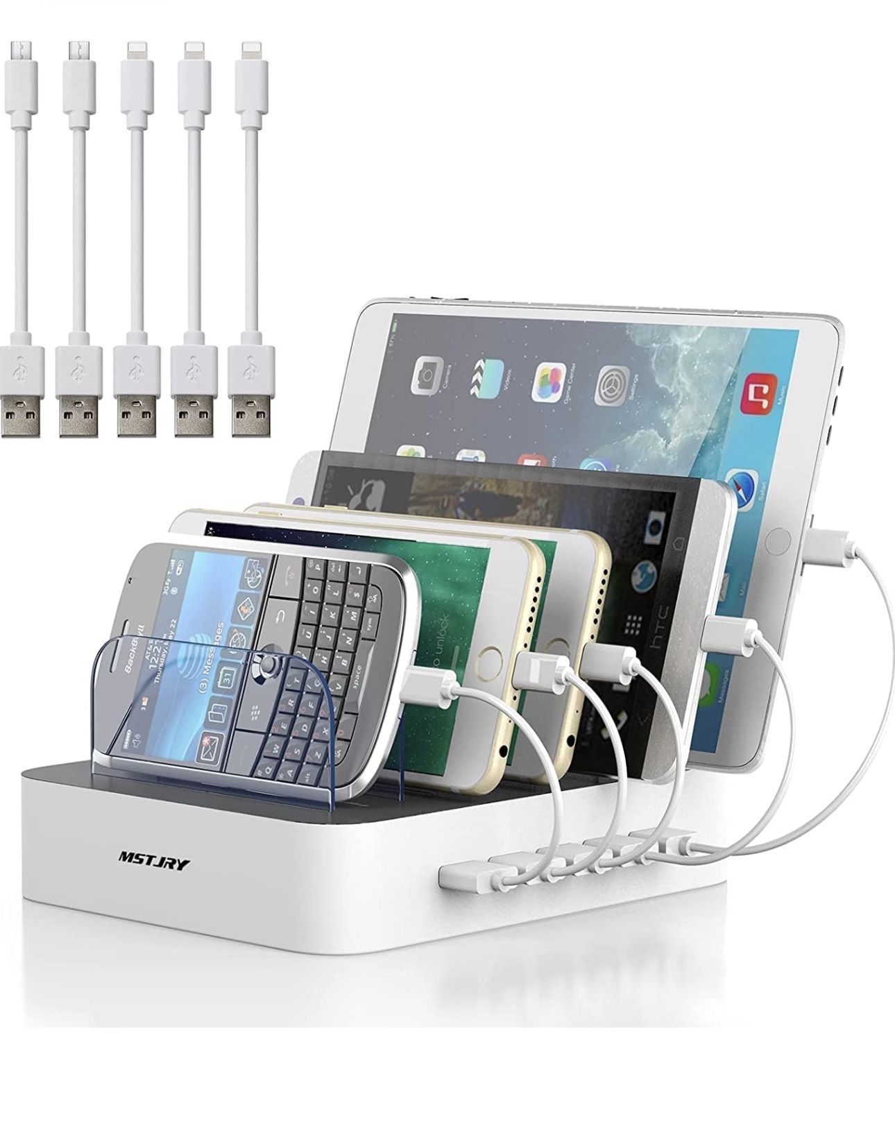 Charging Station for Multiple Devices, MSTJRY 5 Port Multi USB Charger Station with Power Switch Designed for iPhone iPad Cell Phone Tablets (White, 6