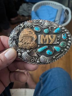 Navajo Golden Eagle Turquoise Silver Belt Buckle Sterling